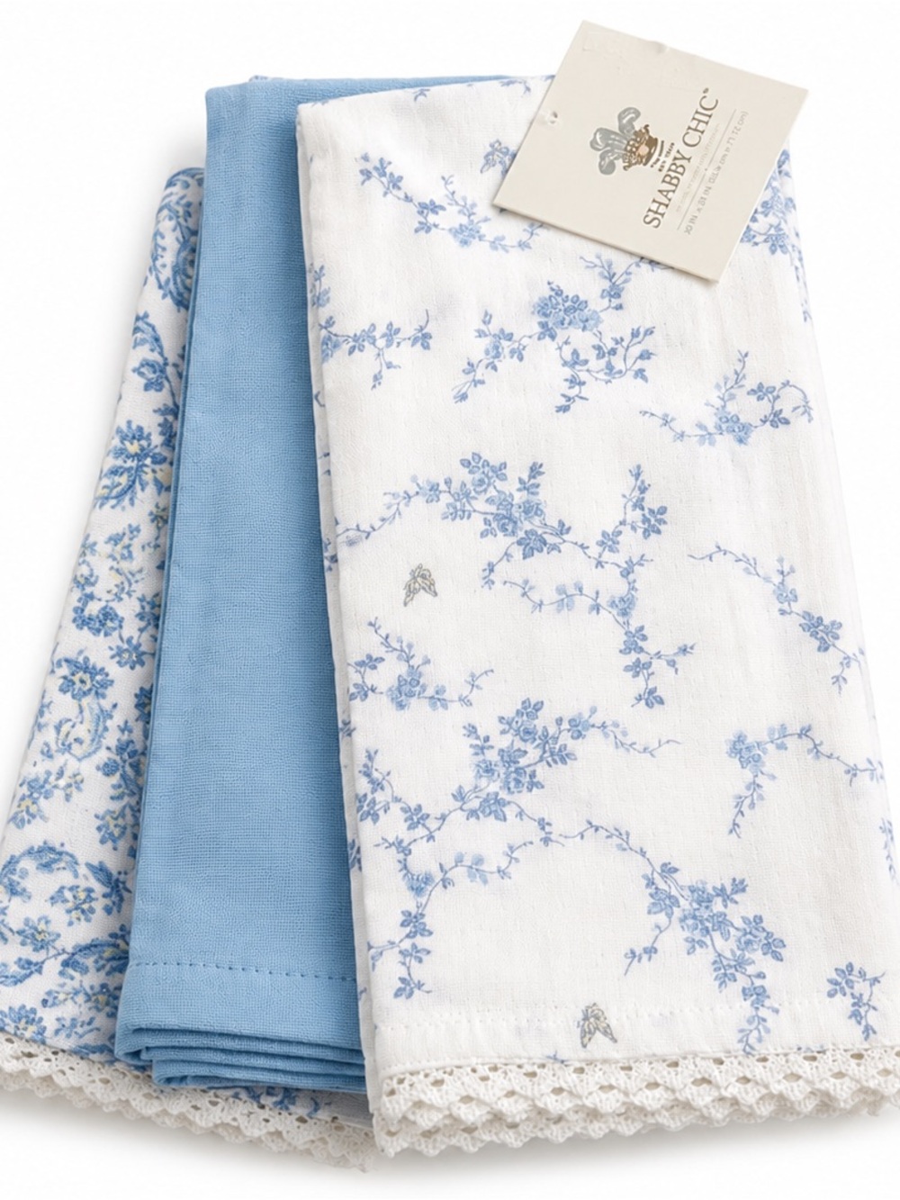Rachel Ashwell Shabby Chic Cottagecore Kitchen Towels Set of 3 Blue Floral Lace - Picture 2 of 4